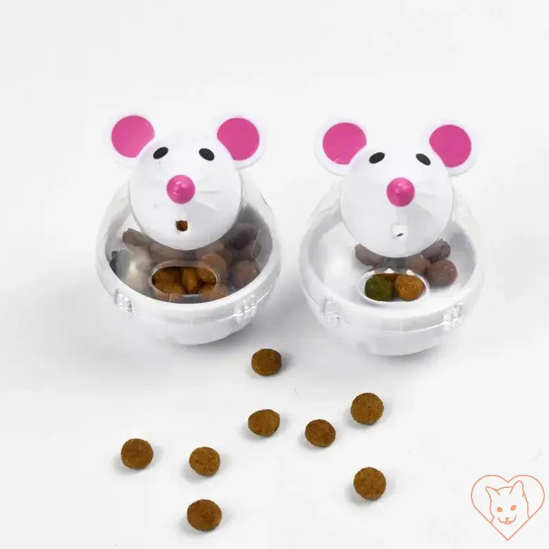 Interactive cat food tumblers shaped like mice, dispensing treats for playful cats.