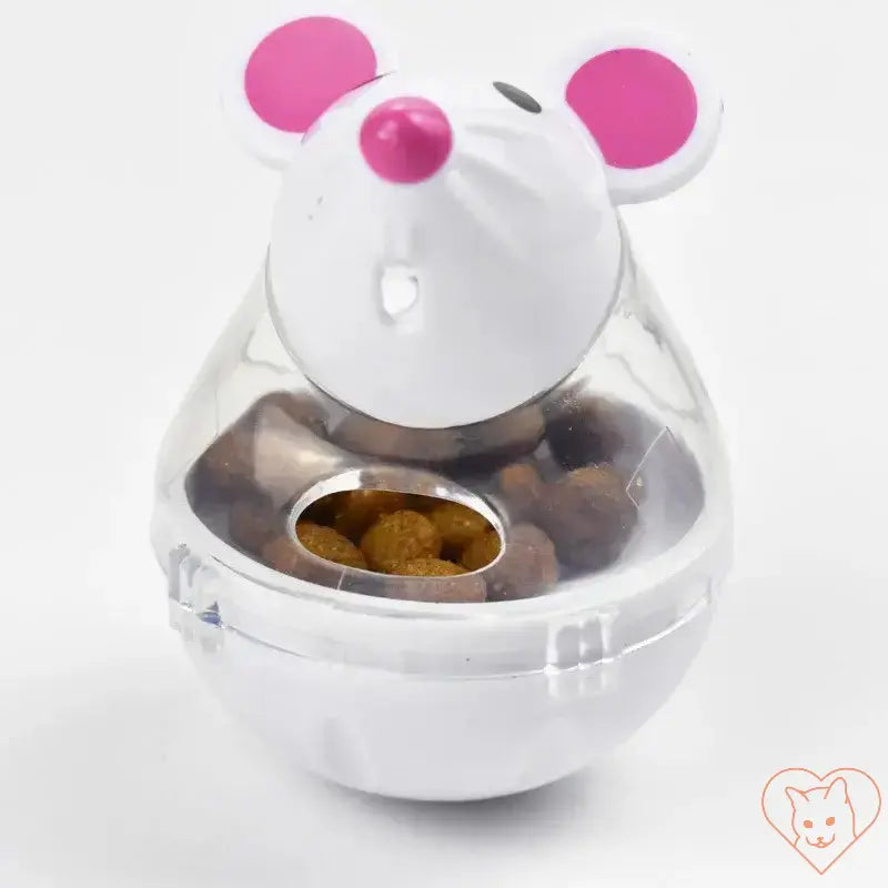 Interactive cat food tumbler toy in mouse design, dispensing food while engaging cats in play.