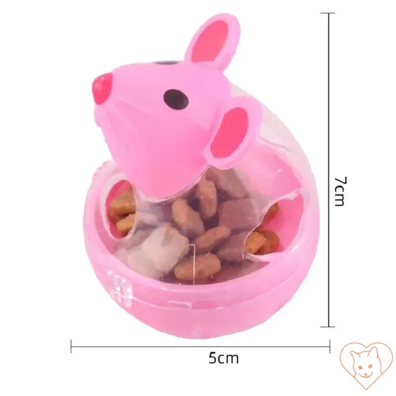 Pink mouse-shaped interactive cat food tumbler dispensing treats for playful cats.