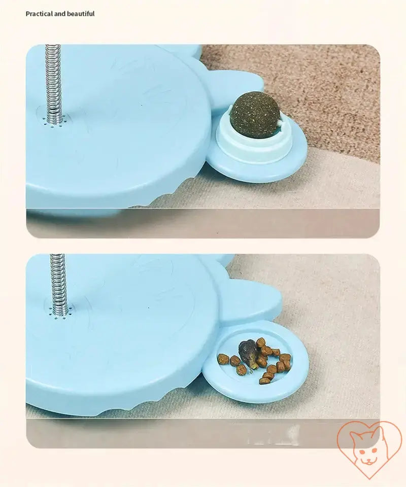 Interactive pet feeding toy showing a blue ball leaking treats and food for engaging playtime with cats and dogs.