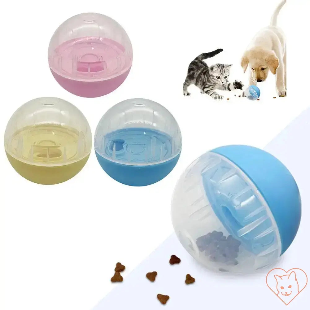 Pet interactive food balls for dogs and cats in pink, blue, yellow, designed as slow feeders and treat dispensers.