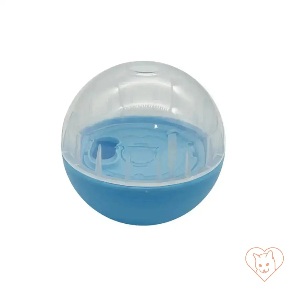 Interactive dog and cat food dispensing ball in blue, designed for slow feeding and IQ training.