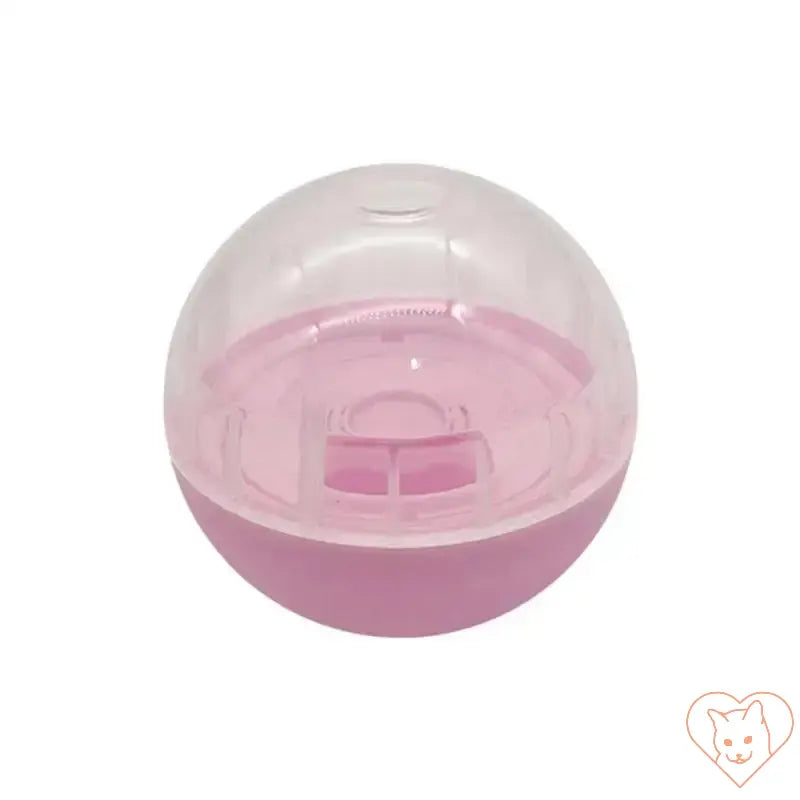 Interactive pink pet food ball for dogs and cats, anti-choke slow feeder and treat dispenser toy.