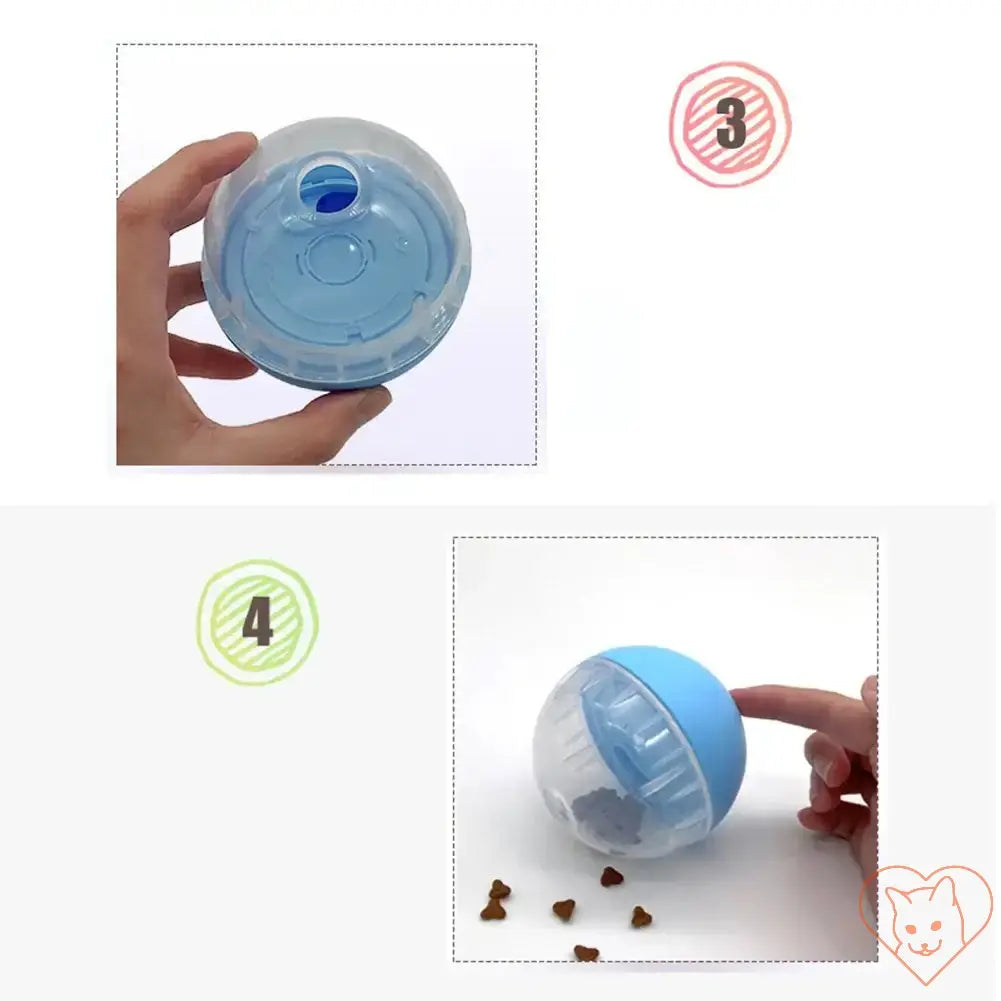 Close-up of a blue interactive pet food dispensing ball for dogs and cats, showing adjustable opening and treats.