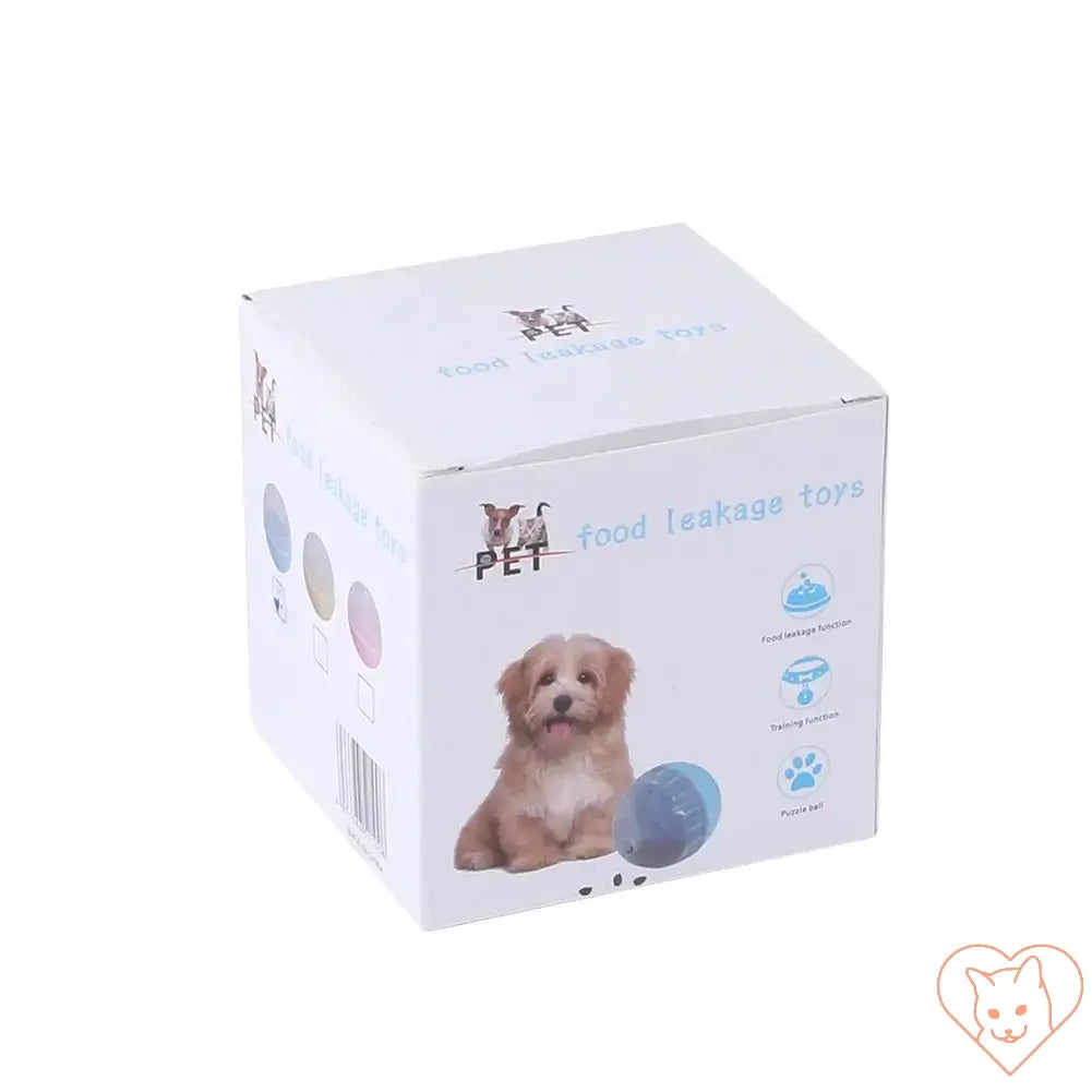 Packaging for interactive dog food leakage toy, featuring a playful dog on the box and multiple color options.