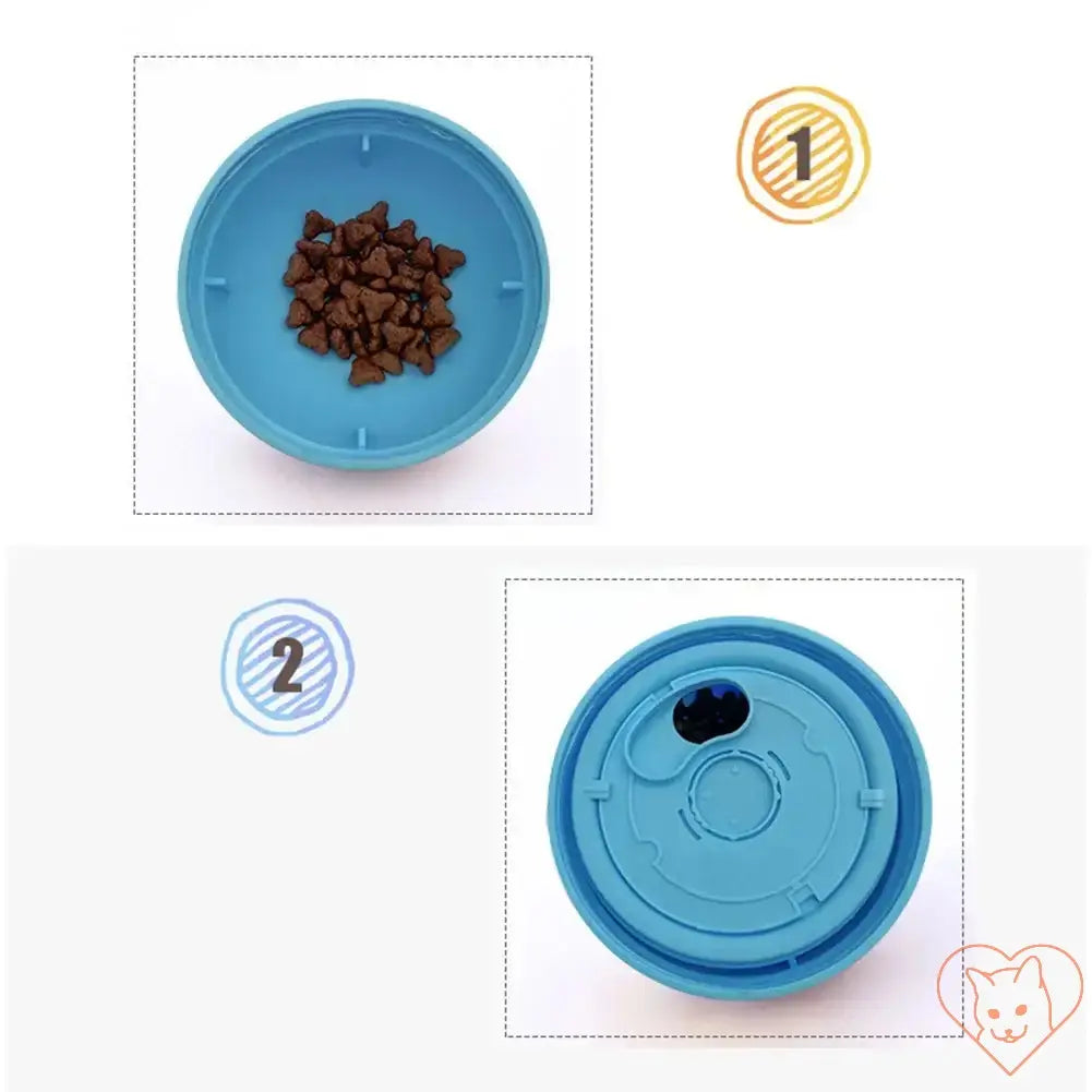 Blue pet food leakage ball with kibble inside, featuring a slow feeder design for dogs and cats.