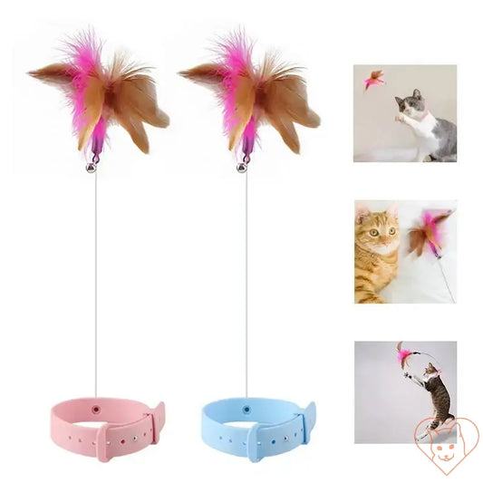 Interactive cat toy with feather teaser in pink and blue, designed for captivating playtime.