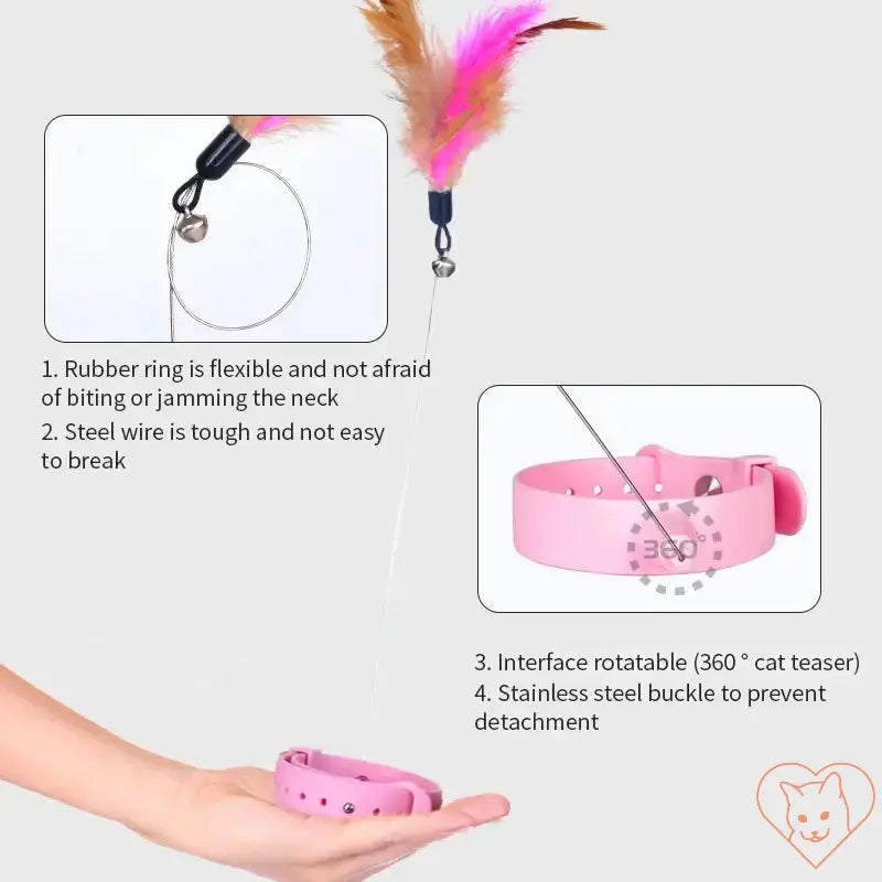 Interactive Cat Toy features flexible rubber ring and durable strap for engaging feather teaser play.