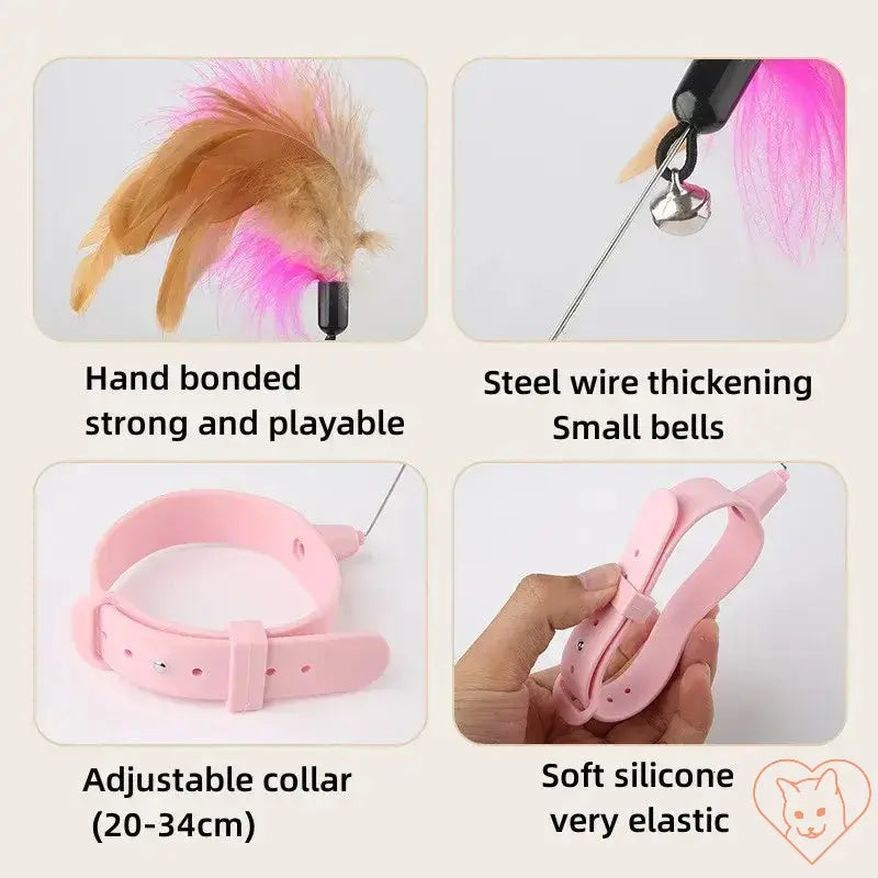 Interactive cat toy features feather teaser, adjustable collar, soft silicone, and small bells for playful fun.