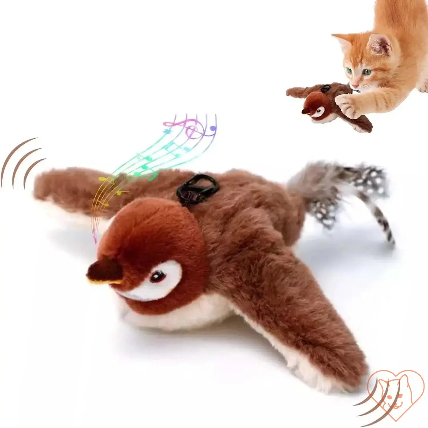 Interactive chirping bird cat toy with motion activation, flapping wings, and a playful cat engaging with it.