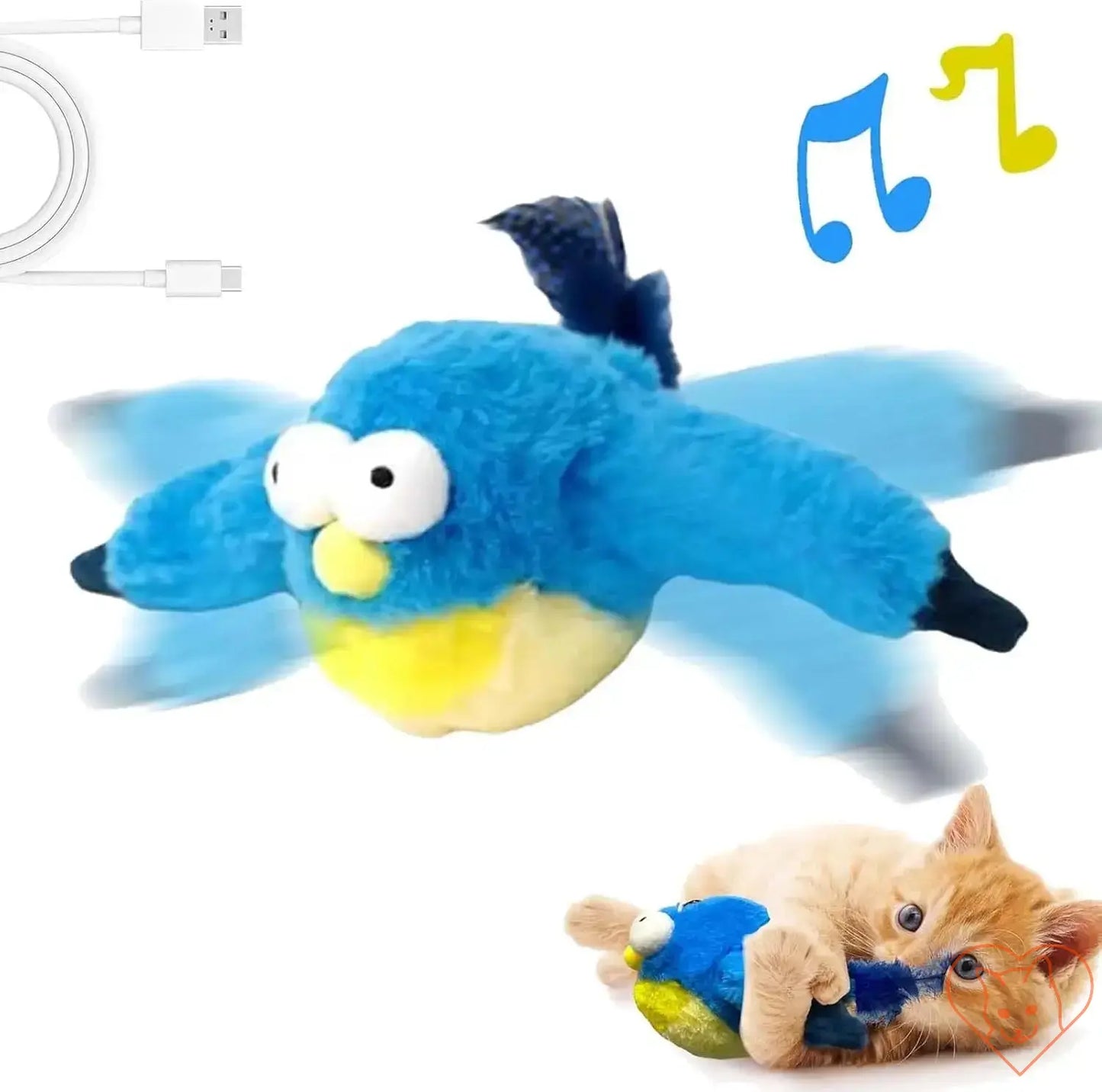 Interactive chirping bird cat toy in blue with flapping wings, USB charging, and a playful kitten.