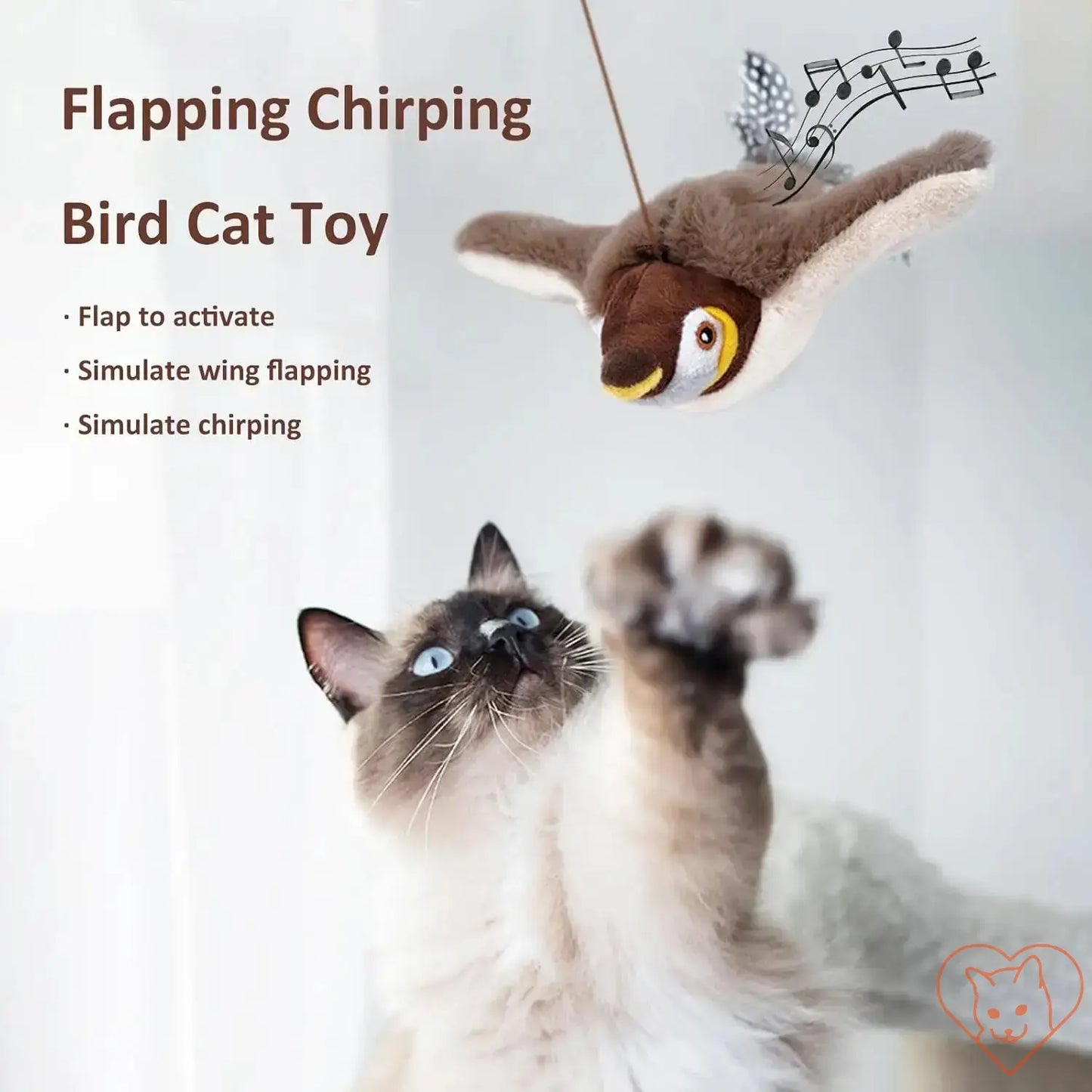 Cat reaching for a flapping chirping bird toy, showcasing interactive play and realistic movement for feline fun.