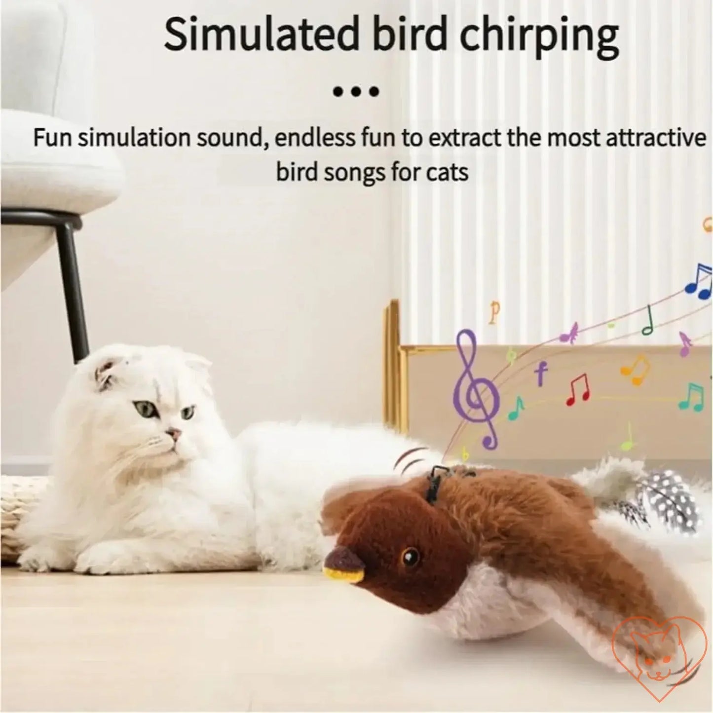 Interactive chirping bird cat toy with white cat, featuring simulated bird sounds for feline fun.