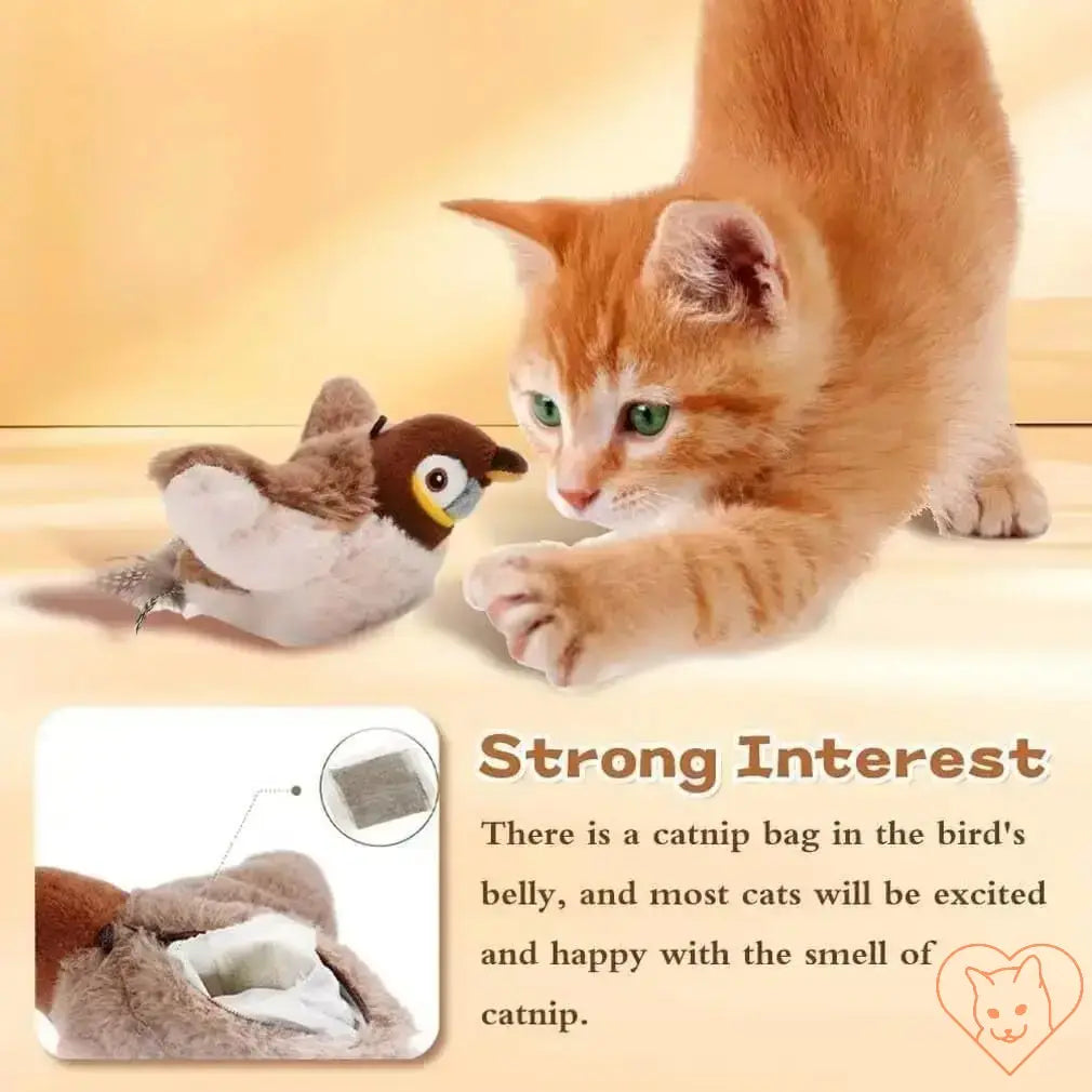 Cat playing with interactive chirping bird toy, showcasing catnip bag for engaging feline fun.