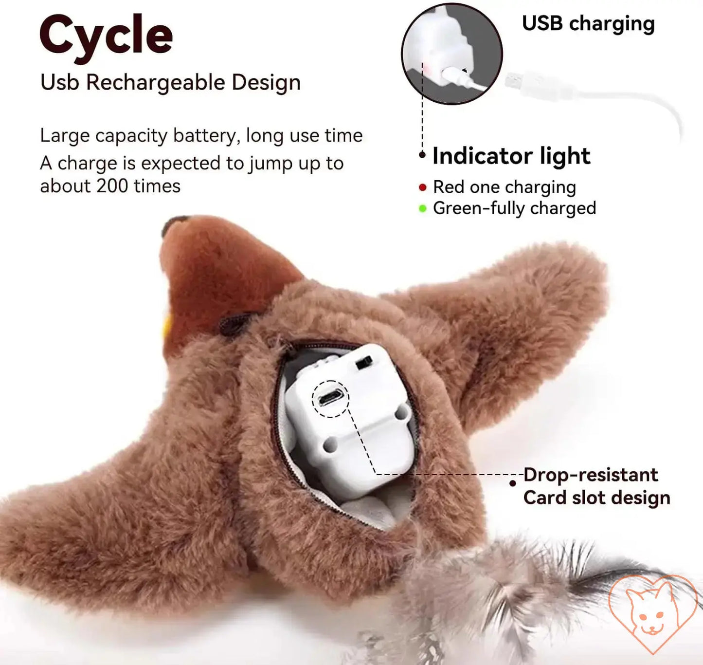 USB rechargeable interactive cat toy with large battery and indicator light for long-lasting use.