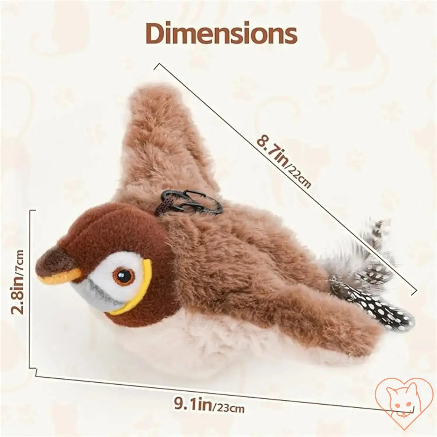 Interactive chirping bird cat toy dimensions showing 9.1 inches long, 8.7 inches wide, and 2.8 inches high.