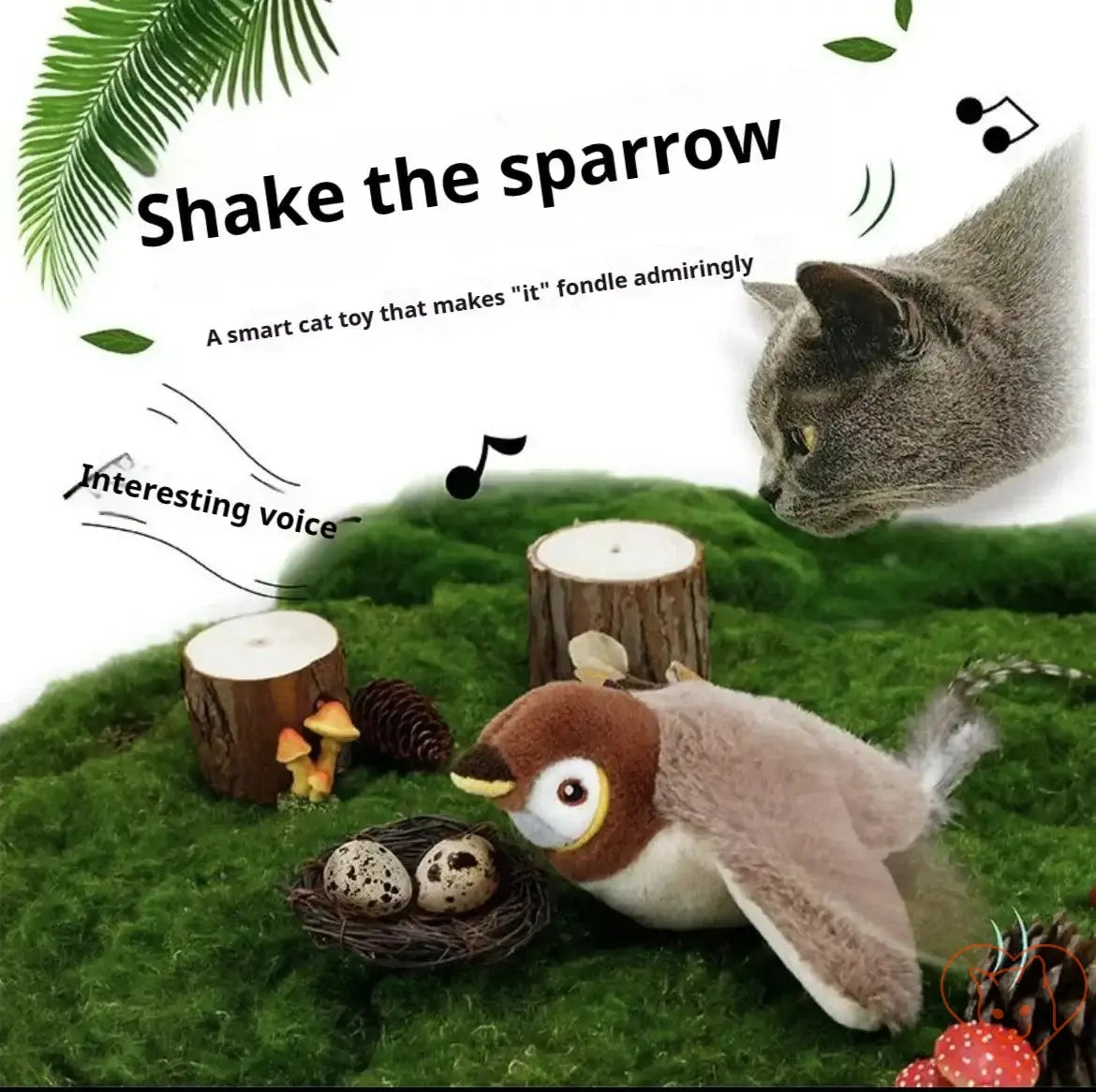 Interactive chirping bird cat toy with realistic design, engaging a curious cat in a playful environment.