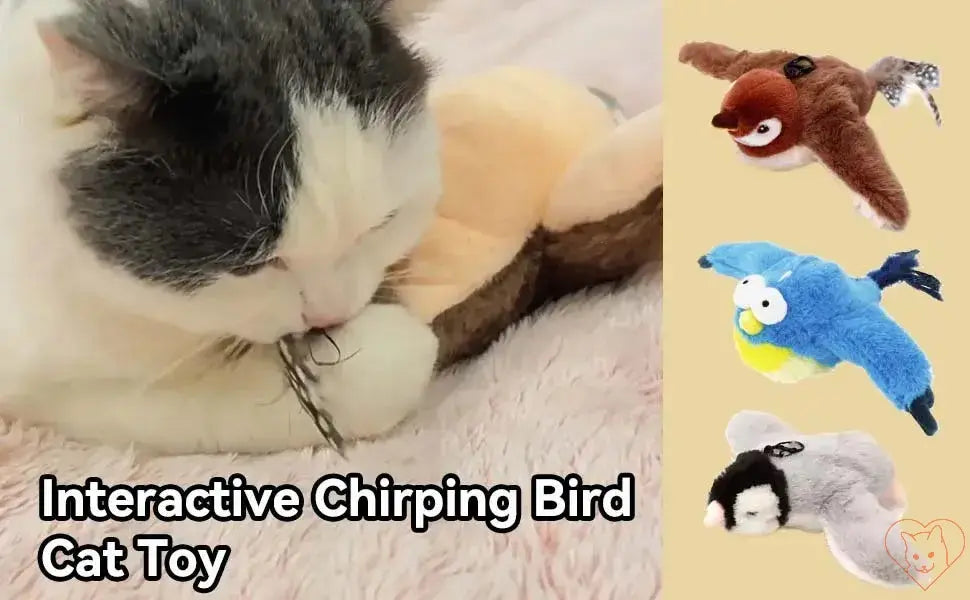 Cat playing with Interactive Chirping Bird Toy, featuring flapping birds in various colors for engaging feline fun.