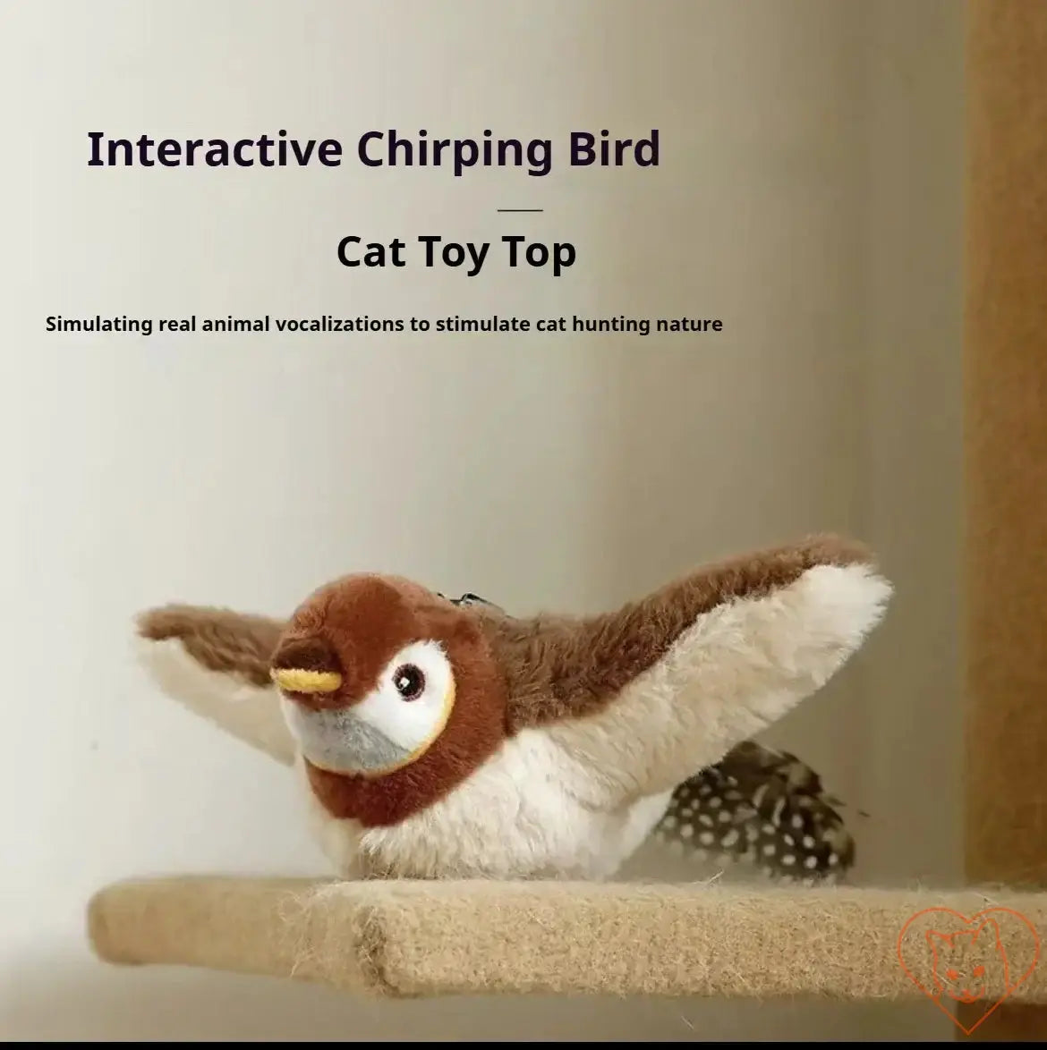 Interactive chirping bird cat toy flapping its wings to stimulate cat's hunting instincts on a shelf.