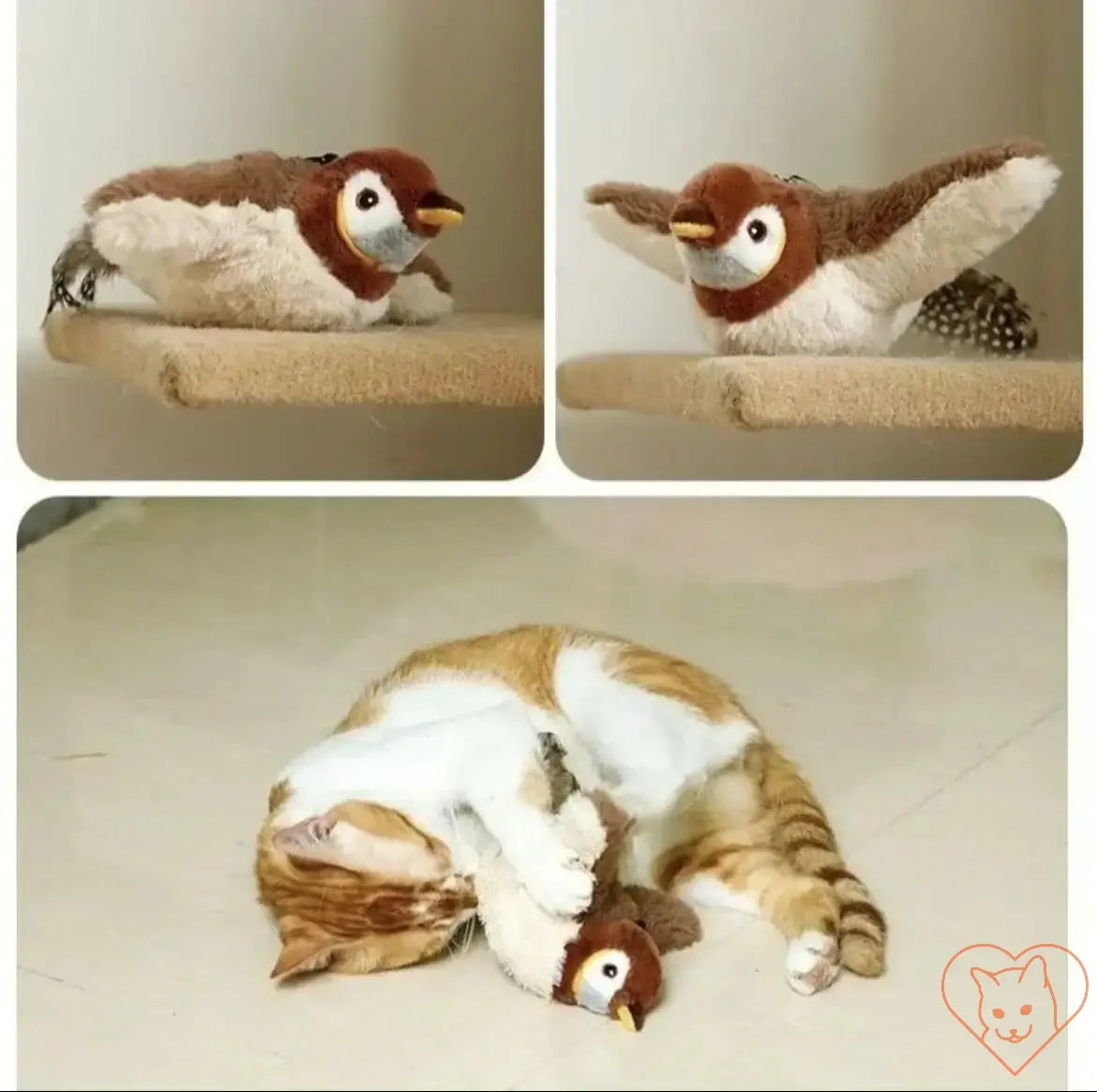 Interactive chirping bird cat toy flapping with a playful cat engaging with it on the floor.