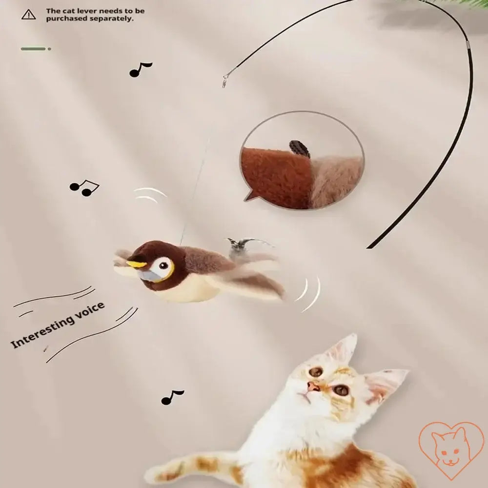 Interactive chirping bird toy for cats with flapping wings, engaging a playful cat in a fun activity.