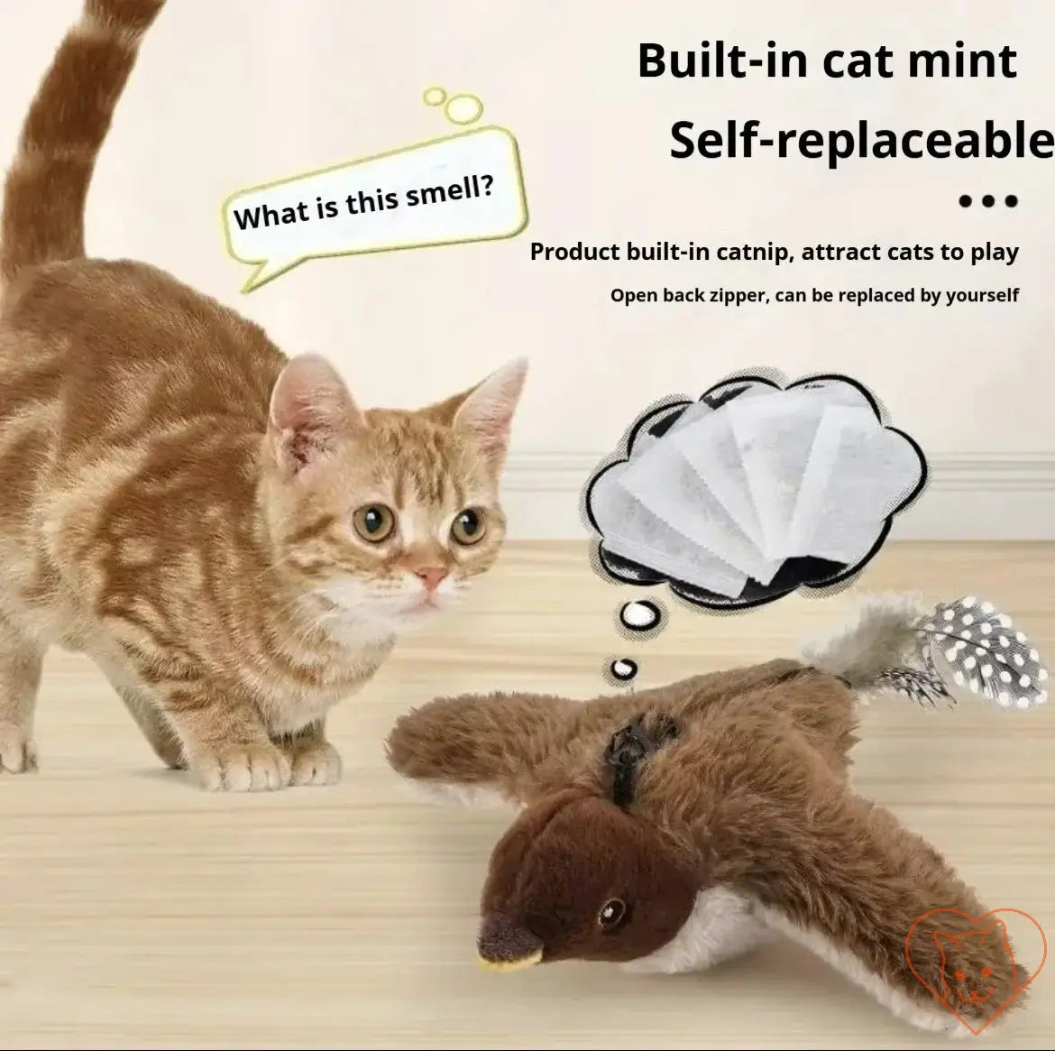 Interactive chirping bird cat toy with built-in catnip, engaging a curious cat in playtime fun.