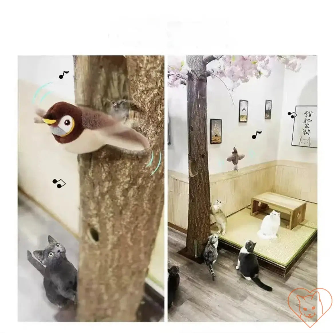 Interactive chirping bird cat toy flapping near curious cats in a cozy room setting.