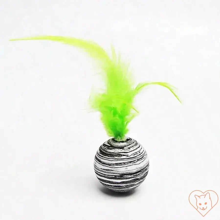 Interactive EVA striped feather ball toy for cats, featuring playful black and white stripes with vibrant green feathers.