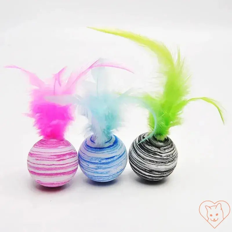 Interactive EVA striped feather balls in pink, blue, and black for cat play and entertainment.