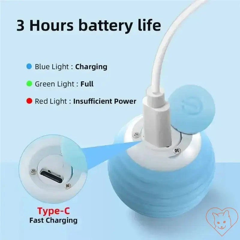 Interactive Electric Cat Ball Toy charging indicators: blue for charging, green for full, red for low power, Type-C fast charging.