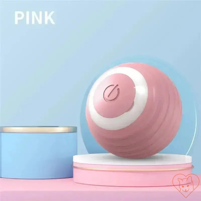 Interactive electric cat ball toy in pink, designed for play and entertainment, on a pastel background.