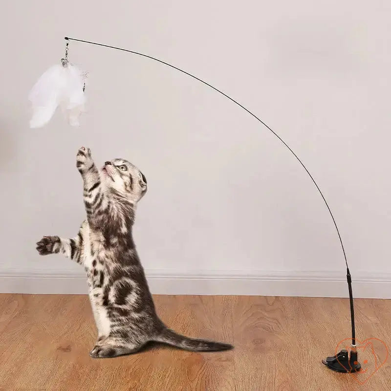 Cat playing with Interactive Feather Wand with Suction Cup, engaging with feathers and enjoying exercise.