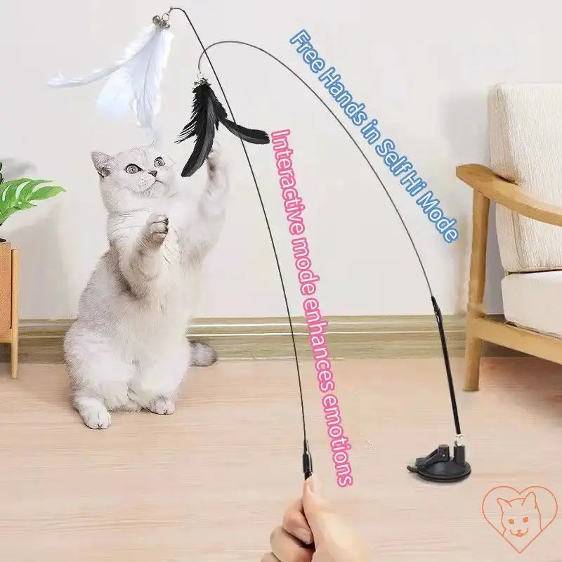 Cat playing with interactive feather wand on suction cup, promoting fun and exercise.