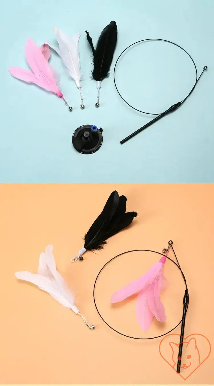 Interactive Feather Cat Wand with Suction Cup, featuring colorful feathers and a bouncy wire for playful cat engagement.