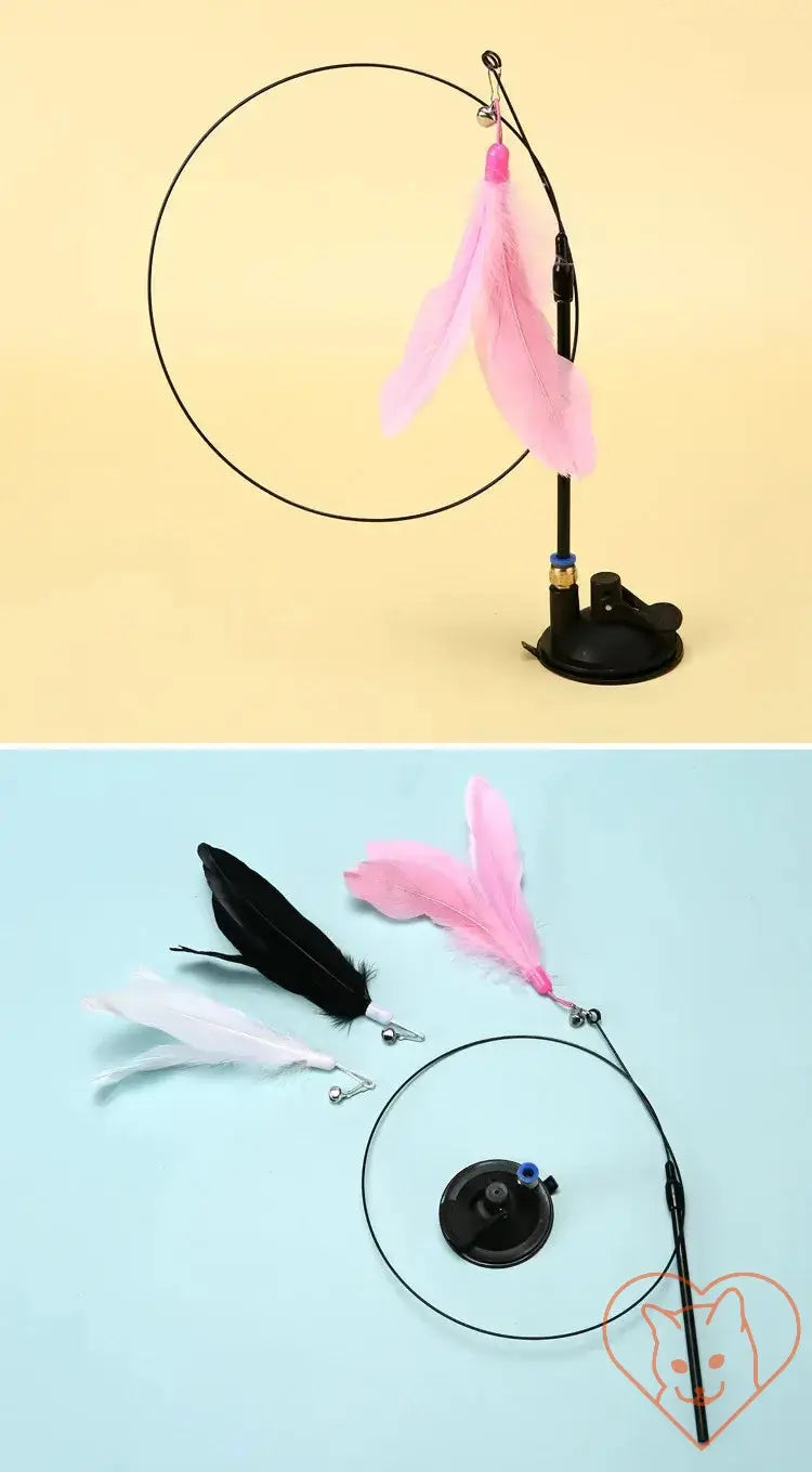 Interactive Feather Cat Wand with suction cup, featuring pink and black feathers for engaging cat play.