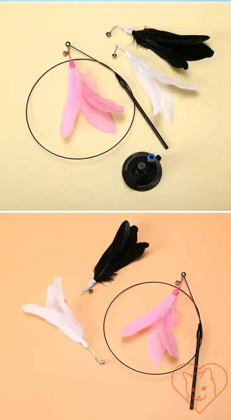 Interactive Feather Cat Wand with Suction Cup featuring colorful feathers and a bouncy wire for playful cat engagement.