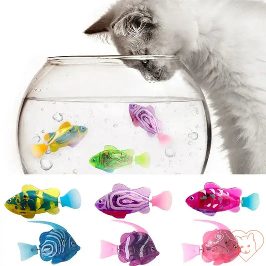 A curious cat observing colorful interactive LED Robo Fish in a fishbowl, enhancing playtime excitement.