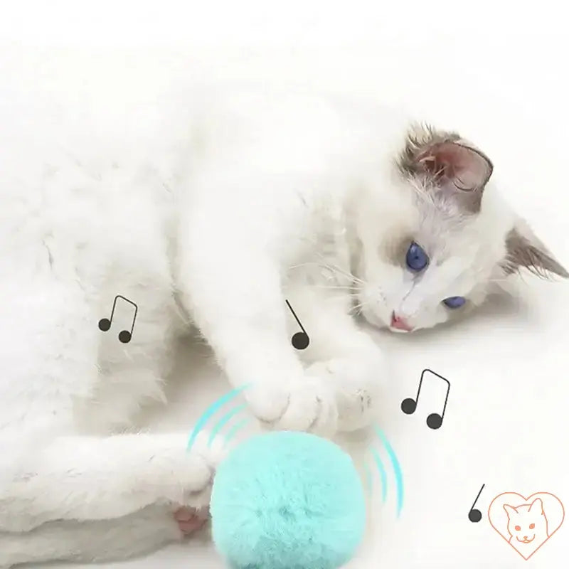 White cat playing with interactive plush catnip squeak toy ball, showing touch-activated sound effects.