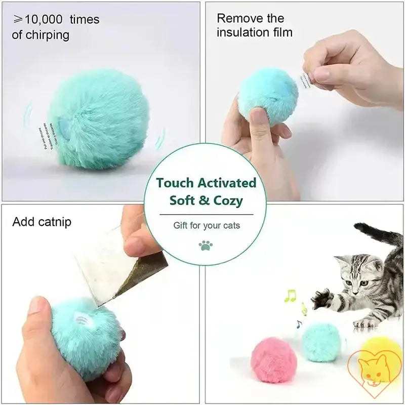 Interactive plush catnip squeak toy ball with touch activation and chirping feature for cats.