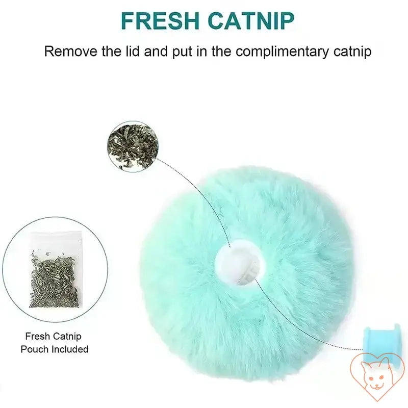 Fresh catnip pouch included with plush cat toy, designed for easy refill and enhanced playtime experience.