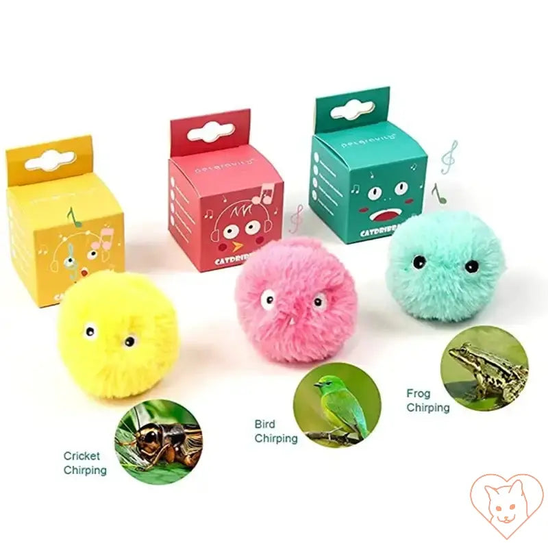 Interactive plush cat toys in bright colors with animal sound features, including chirping cricket, bird, and frog.