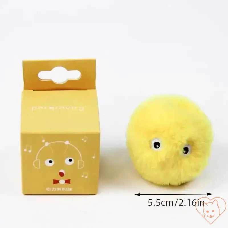 Interactive plush catnip squeak toy ball in yellow with a cute box for cats' playtime and stimulation.