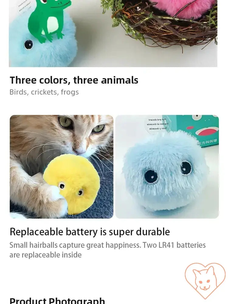 Interactive plush cat toy balls in three colors with animals, featuring a cat playing with a yellow ball.