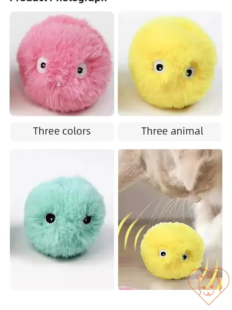 Interactive plush catnip squeak toy balls in pink, yellow, and blue for cats to enjoy.