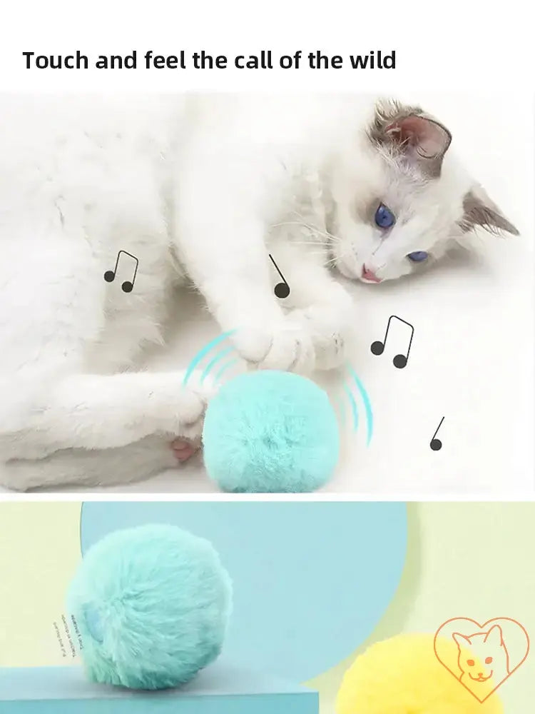 Cat playing with touch-activated plush catnip squeak toy ball, featuring sound and colorful design for engaging play.