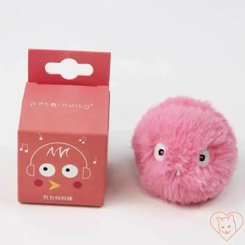 Interactive plush catnip squeak toy ball in pink, packaged in colorful box, perfect for feline playtime.