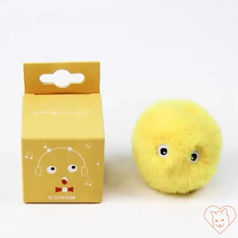 Interactive plush catnip squeak toy ball in yellow with a packaging box for feline entertainment.