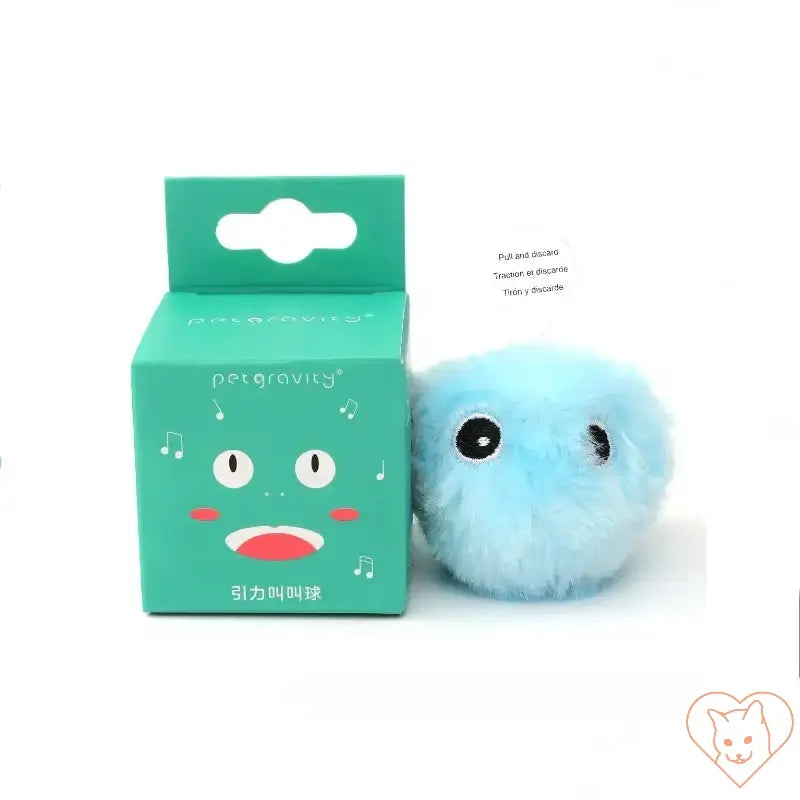 Interactive plush catnip squeak toy ball in light blue beside its packaging, designed for feline fun and entertainment.