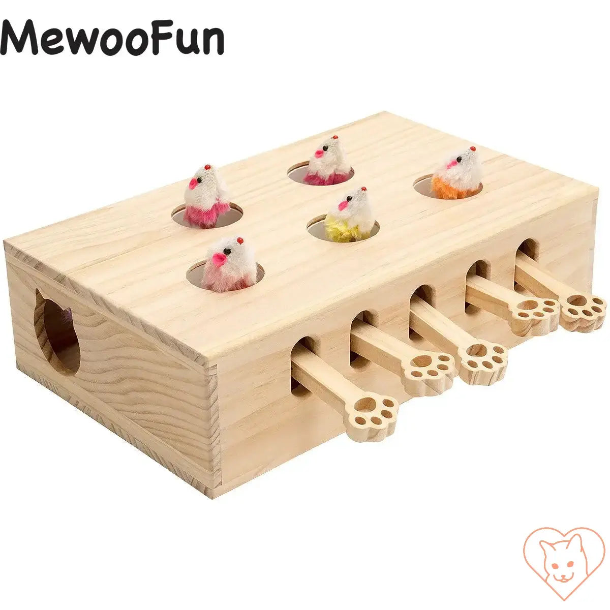 Interactive Whack-a-Mole Cat Toy in solid wood with colorful stuffed moles for feline entertainment.