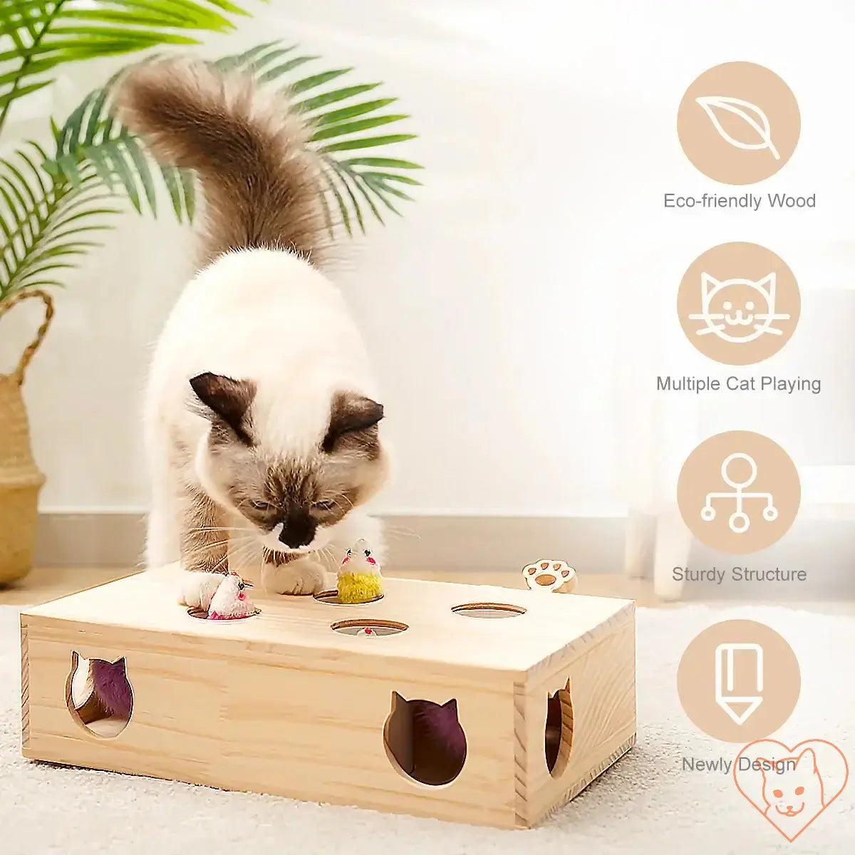 Cat playing with interactive whack-a-mole toy made from eco-friendly solid wood, designed for engaging feline play.